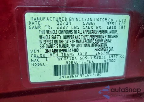 2009 Nissan Sentra 2.0 из США, поврежденный, VIN 3N1AB61E99L647480